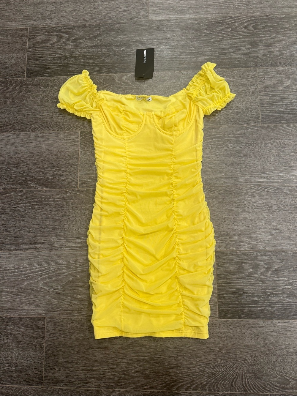 Fashion Nova Bright Yellow Ruched Off-Shoulder Mini Dress